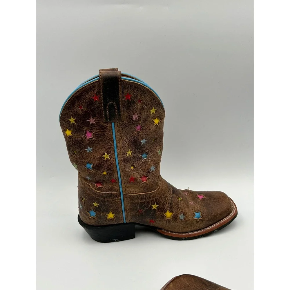 Dan Post Kids Brown Leather Star Embroidered Western Cowboy Boots Square Toe
